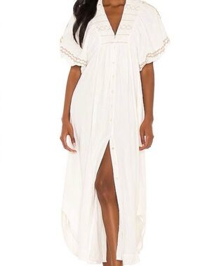 FREE PEOPLE Ivory Samantha Embroidered Maxi Cotton Shirt-Dress Billowy Sleeve L